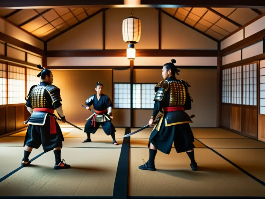 Un dojo japonés tradicional lleno de armaduras samurái antiguas y modernos practicantes en combate táctico samurái