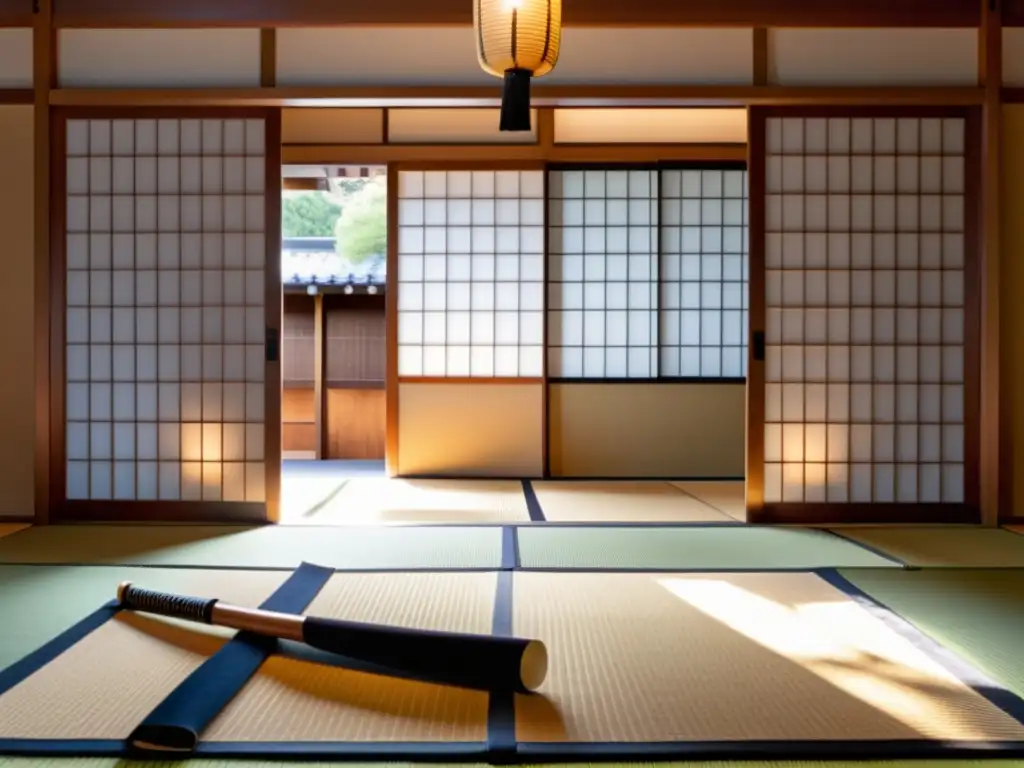 Un dojo japonés tradicional con luz natural suave, tatamis impecables y técnicas de lucha samurái modernas en acción