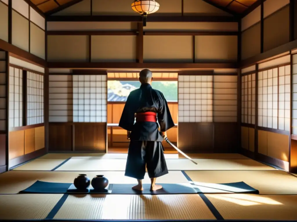 Un dojo japonés tradicional con luz natural, un sensei enseñando técnicas de espada y la filosofía del arte samurái online