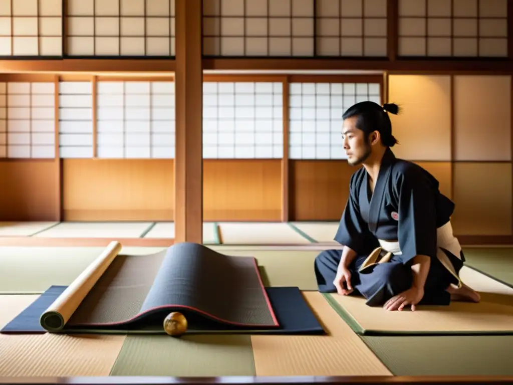 Un dojo japonés tradicional con luz natural, tatamis y estudiantes de samurái concentrados en el juego de Go, integrando la estrategia del guerrero