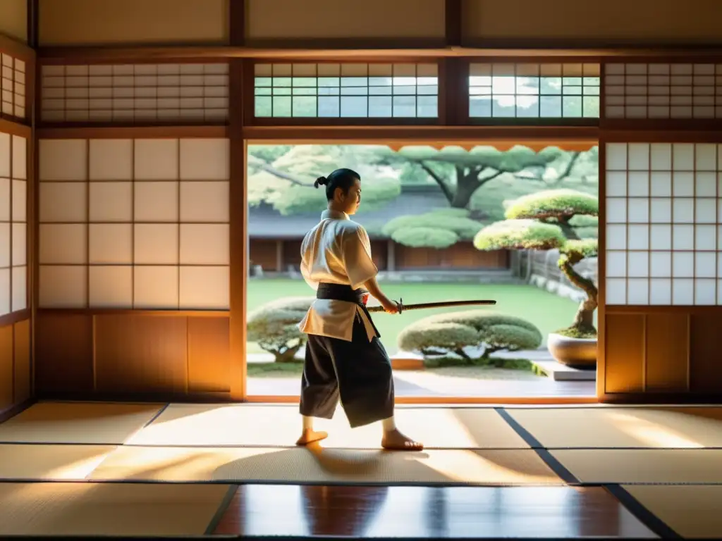 Un dojo japonés tradicional con maestro de artes marciales y estudiantes practicando principios samurai en defensa personal