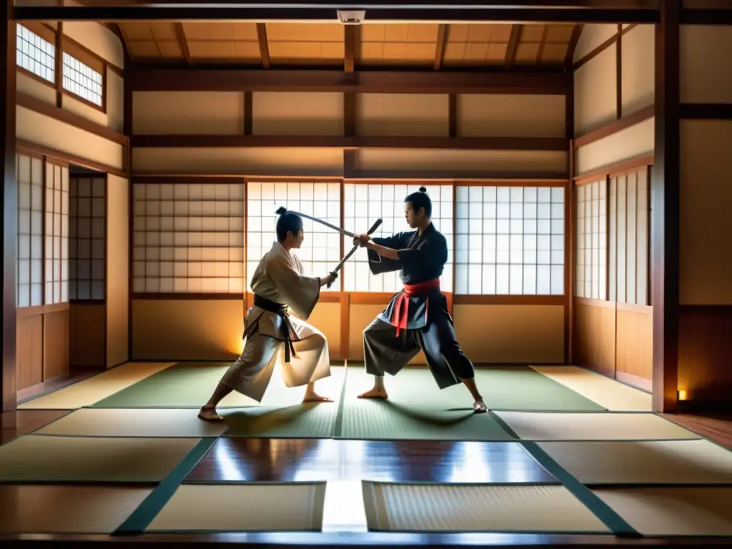 En un dojo japonés tradicional, un maestro samurái entrena con un estudiante, mostrando movimientos precisos