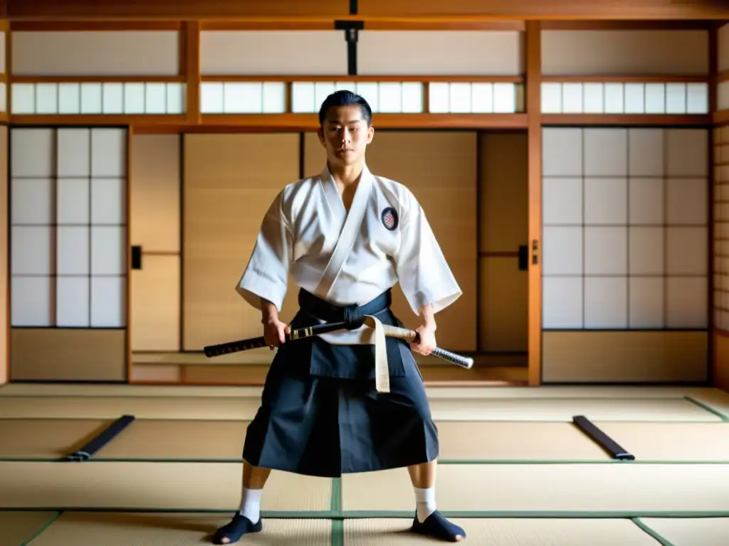 Un dojo japonés tradicional con maestro y estudiantes practicando danza de espada samurái, equilibrio emocional en ambiente sereno y enfocado