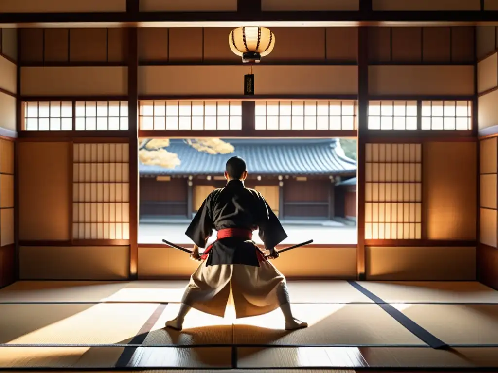 Un dojo japonés tradicional con maestro samurái practicando, reflejando la influencia del cine en videojuegos samurái