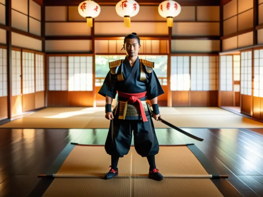 Un dojo japonés tradicional con un maestro samurái y estudiantes practicando técnicas de combate con espadas de madera