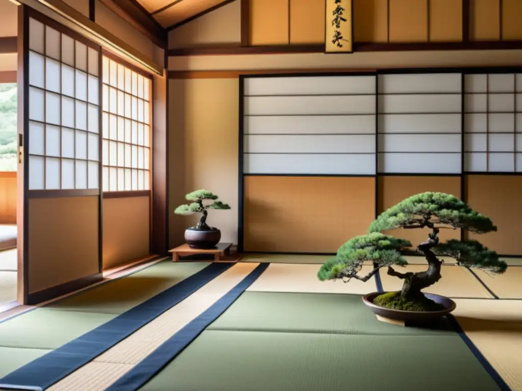 En un dojo japonés tradicional, una mujer samurái cuida un bonsái mientras los guerreros practican