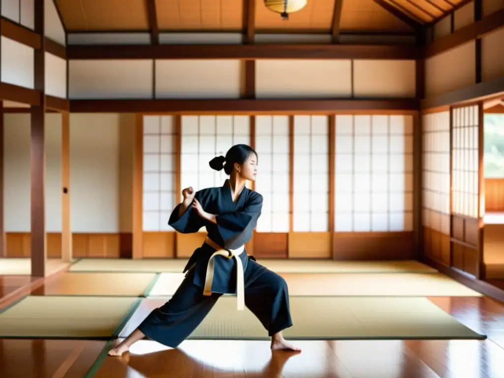 Un dojo japonés tradicional con mujeres samurái practicando artes marciales, irradiando fuerza y respeto por su legado