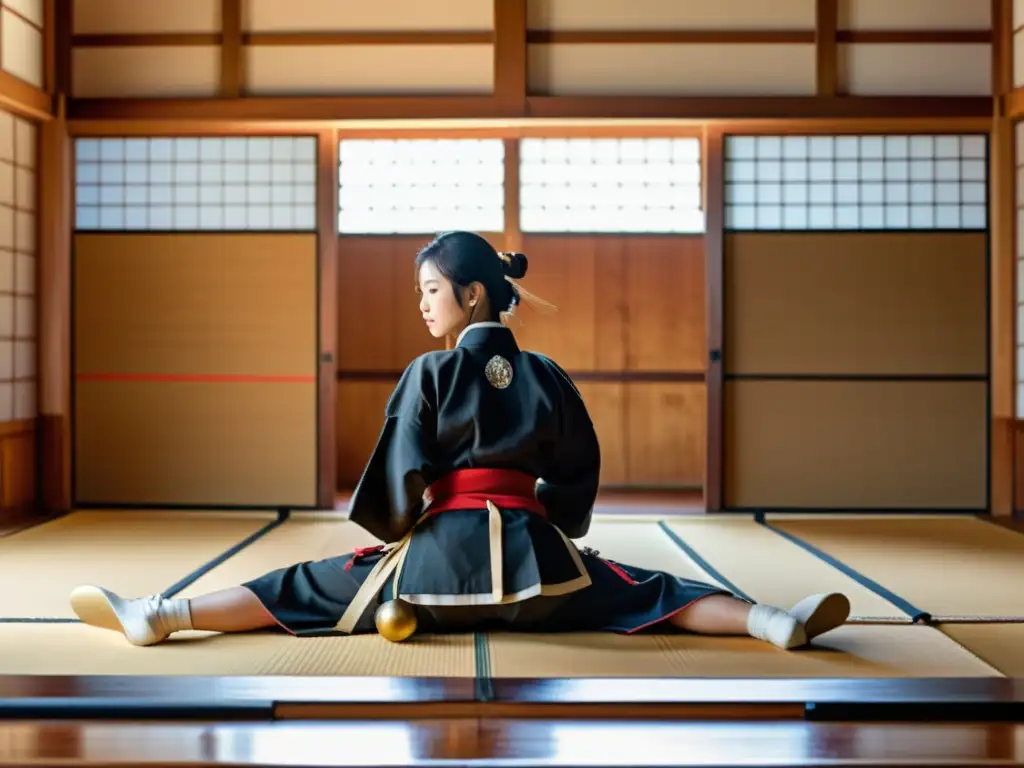 Un dojo japonés tradicional con mujeres samurái practicando artes marciales en auténtica armadura, reflejando su historia y determinación