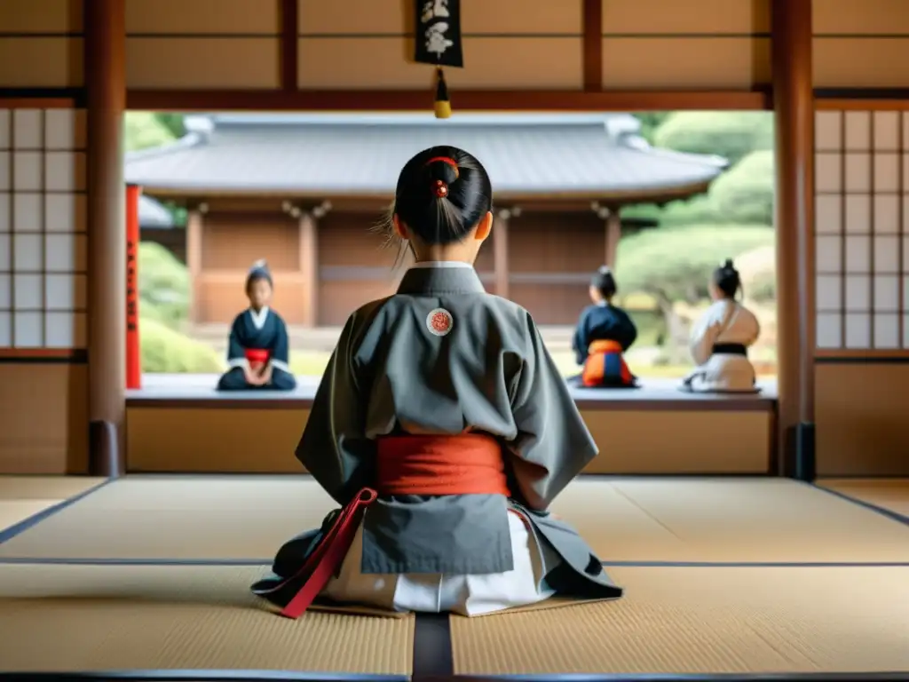 Un dojo japonés tradicional con niñas en atuendos samurái entrenando bajo la guía de una sensei, criando niñas en la sociedad samurái