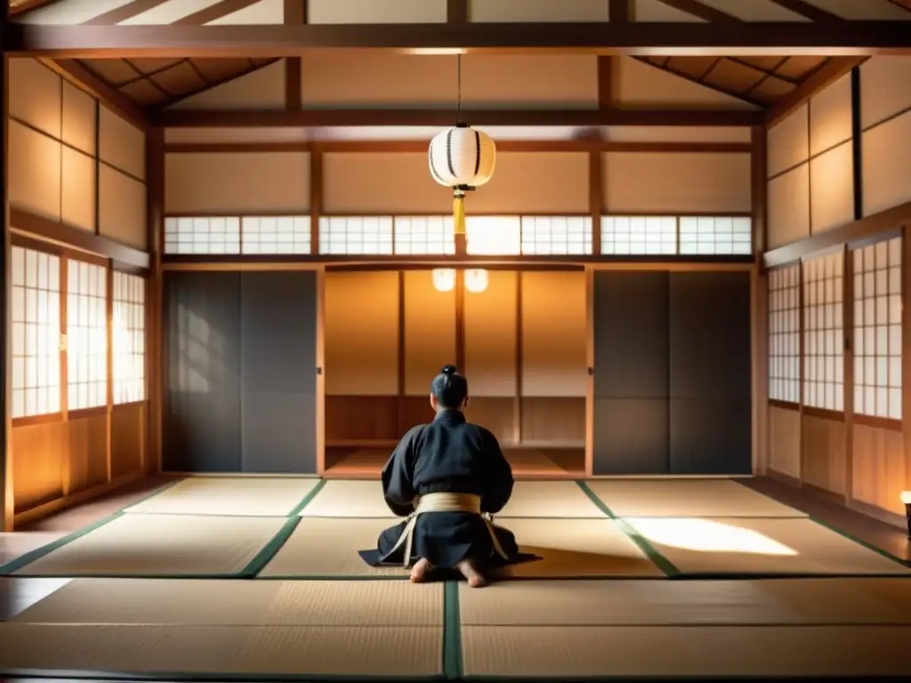 Un dojo japonés tradicional con ninjas entrenando bajo la sabia mirada del sensei, reflejando la filosofía samurái