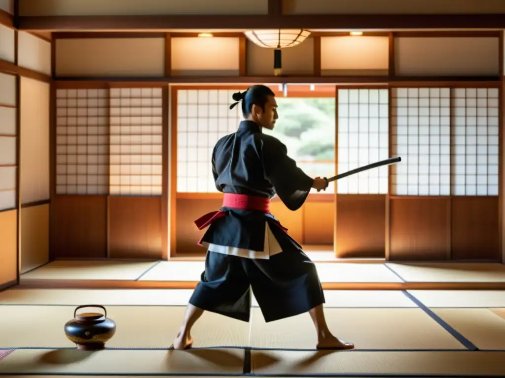 Un dojo japonés tradicional con un practicante de katana, creando una atmósfera serena y auténtica para el arte de la espada samurai