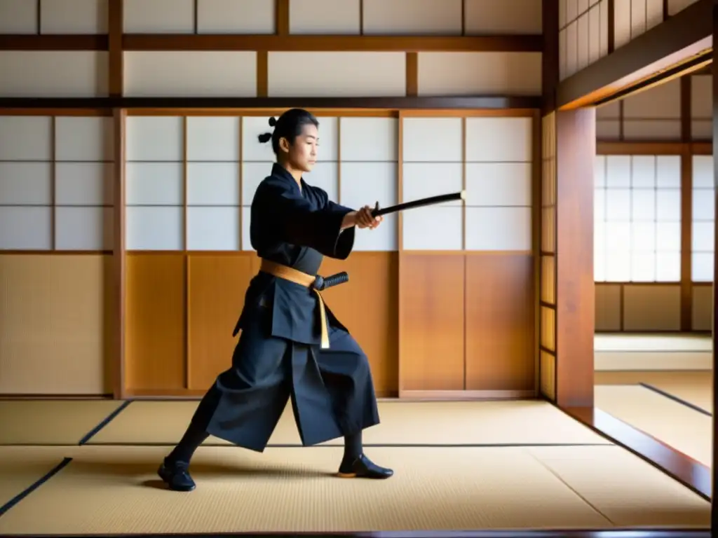 Un dojo japonés tradicional con practicantes de iaido ejecutando técnicas de desenvainar samurái, creando una atmósfera serena y auténtica