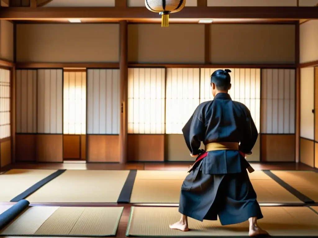 Un dojo japonés tradicional, con practicantes de artes marciales, refleja el espíritu del bushido