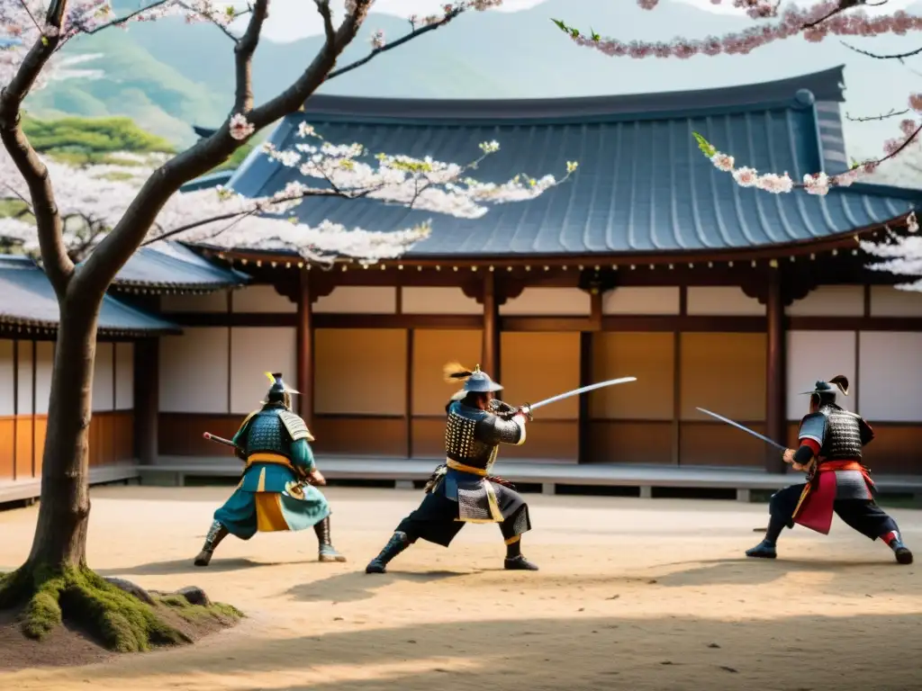 Un dojo japonés tradicional rodeado de cerezos en flor con samuráis entrenando técnicas de combate