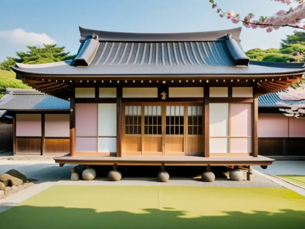 Un dojo japonés tradicional rodeado de cerezos en flor y estudiantes practicando artes marciales, reflejando el Bushido en la vida cotidiana