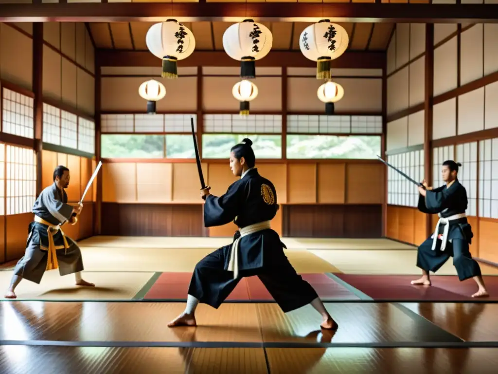 Un dojo japonés tradicional con ronin en intensa sesión de combate