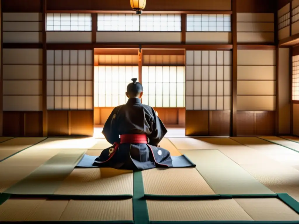 Un dojo japonés tradicional con un samurái sensei y jóvenes aprendices, creando un ambiente de formación samurái disciplina sabiduría