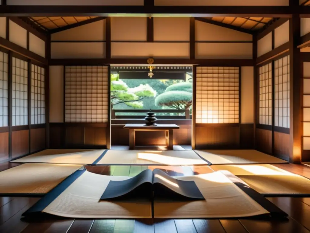 Un dojo japonés tradicional con un samurái meditando, reflejando la ética del combate samurái jerarquía en una atmósfera serena y atemporal