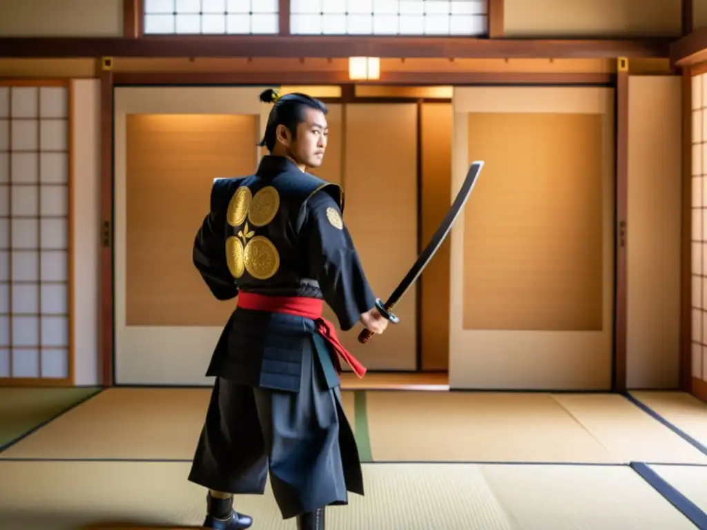 Un dojo japonés tradicional con un samurái practicando una kata, rodeado de estudiantes, exudando disciplina y tranquilidad