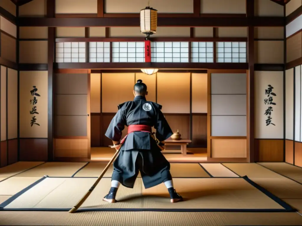 Un dojo japonés tradicional con samuráis y maestros enseñando la influencia de los samuráis en artes marciales en 8k