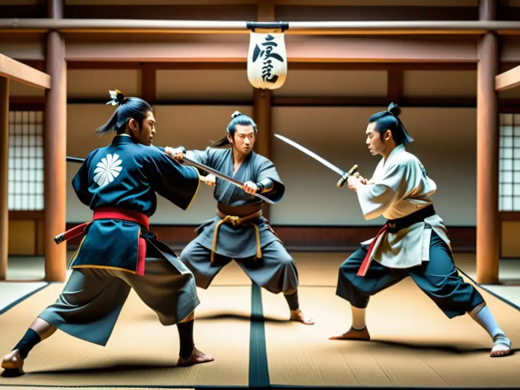 Un dojo japonés tradicional con samuráis en intensa práctica de combate, demostrando tácticas y estrategias guerreras samuráis