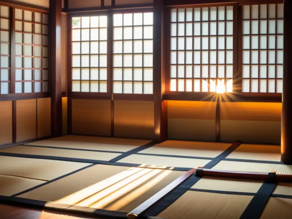 Un dojo japonés tradicional con samuráis practicando técnicas de espada y artes marciales, en un ambiente de disciplina y compromiso con el bushido