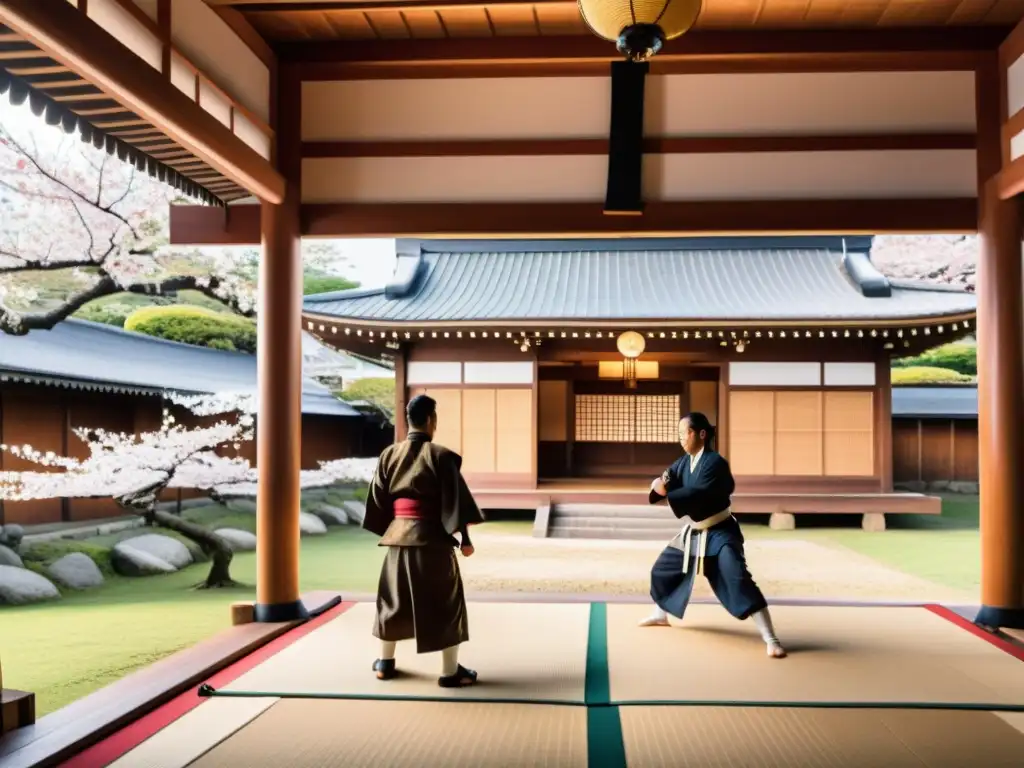 Un dojo japonés tradicional con samuráis entrenando, rodeado de cerezos en flor y un barco europeo en el puerto