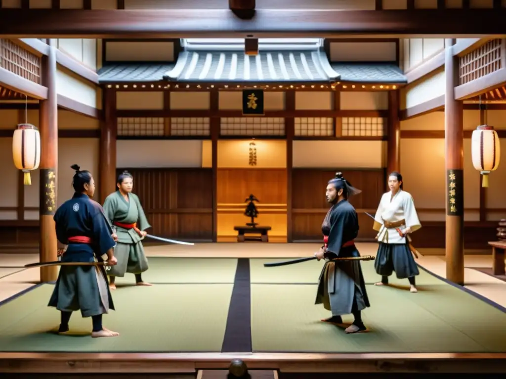 Un dojo japonés tradicional con samuráis en entrenamiento, iluminado en dramático contraste