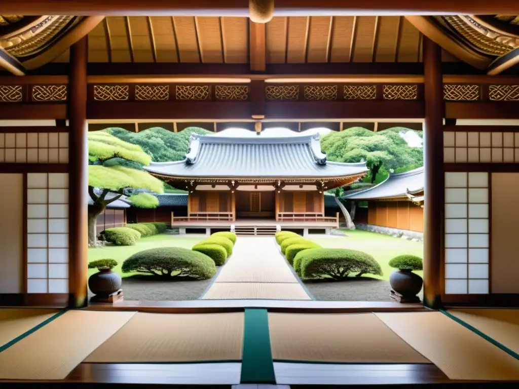 Un dojo japonés tradicional con samuráis en entrenamiento, rodeado de un jardín exuberante y sereno