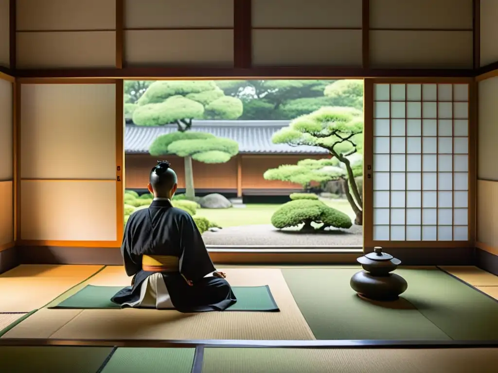 Un dojo japonés tradicional con samuráis meditando en un jardín sereno rodeado de bonsáis y bambú