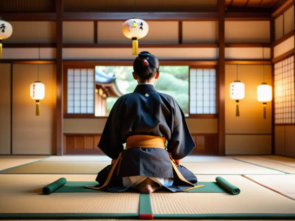 Un dojo japonés tradicional con samuráis en entrenamiento, resplandece en una atmósfera serena