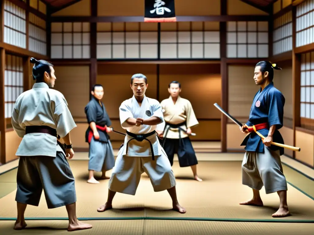 Un dojo japonés tradicional con samuráis practicando técnicas de lanza, destacando la evolución histórica del manejo de la lanza samurái