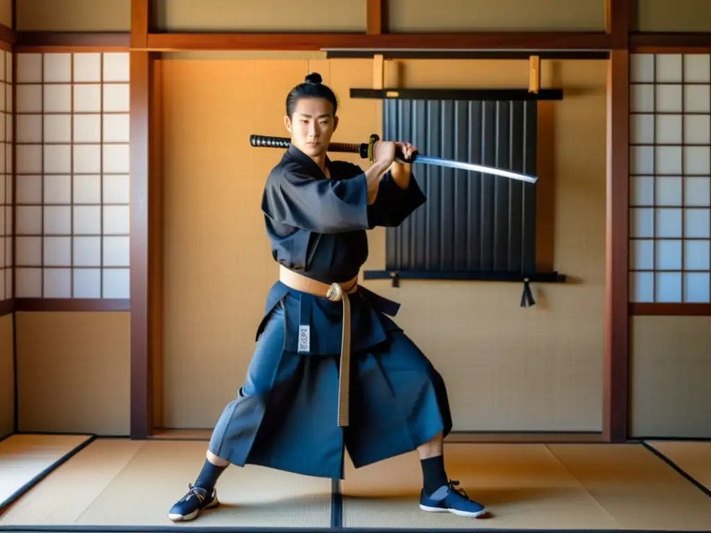 Un dojo japonés tradicional con un sensei mostrando una precisa kata de Iaido samurái, rodeado de una atmósfera serena y disciplinada