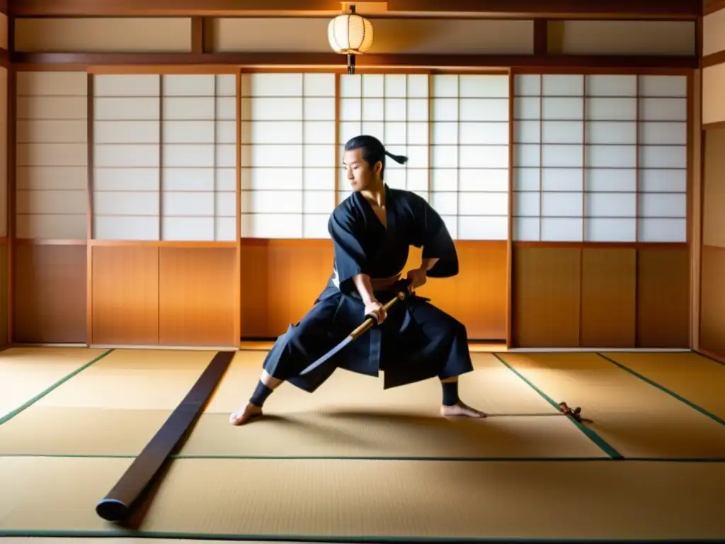 En un dojo japonés tradicional, un sensei muestra con gracia y precisión técnicas de desenvainar samurái en una atmósfera serena y contemplativa