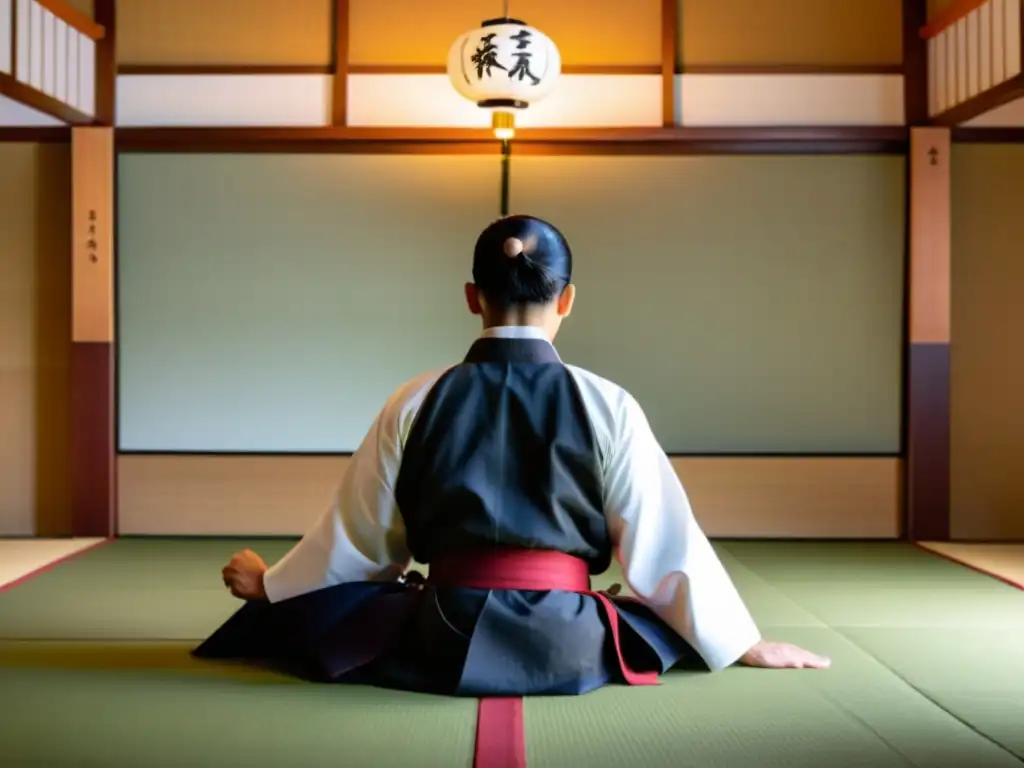 Un dojo japonés tradicional con un sensei y estudiantes practicando artes marciales, capturando la esencia de la filosofía Bushido samurái