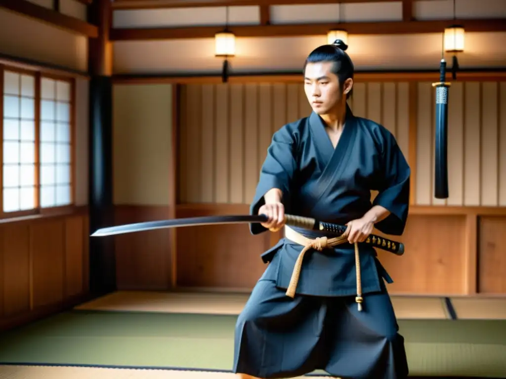 Un dojo japonés tradicional con un sensei demostrando técnicas de Iaido con un wakizashi, resaltando la importancia del wakizashi en el entrenamiento