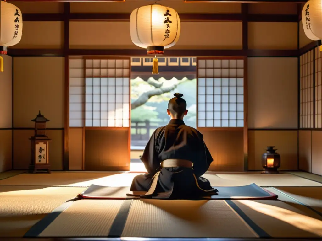 Un dojo japonés tradicional al amanecer, con un sensei meditando bajo la luz suave del sol naciente