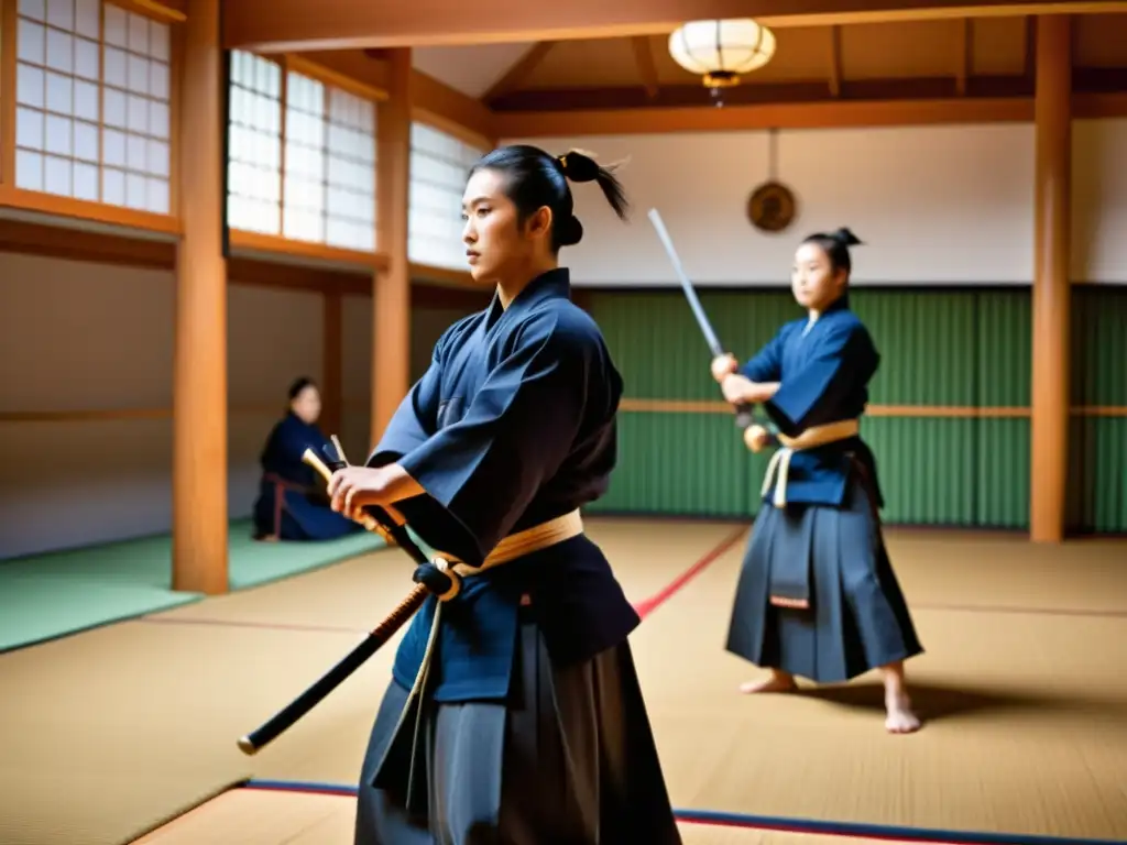 Un dojo japonés tradicional con un sensei y estudiantes practicando kendo