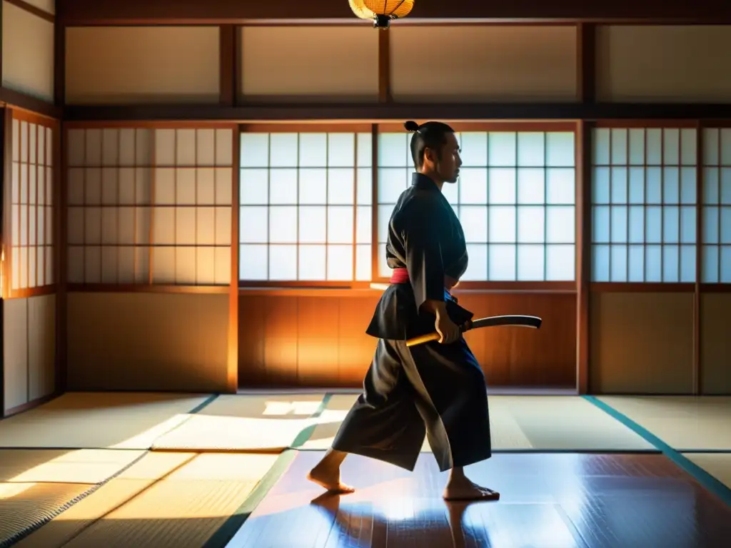 En un dojo japonés tradicional, un sensei experimentado enseña katas Naginatajutsu a estudiantes concentrados