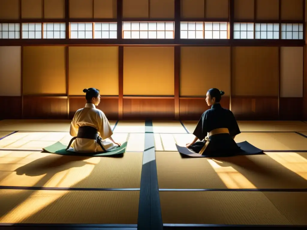 Un dojo japonés tradicional con tatamis, luz dorada entrando por las ventanas shoji y practicantes de artes marciales con katanas