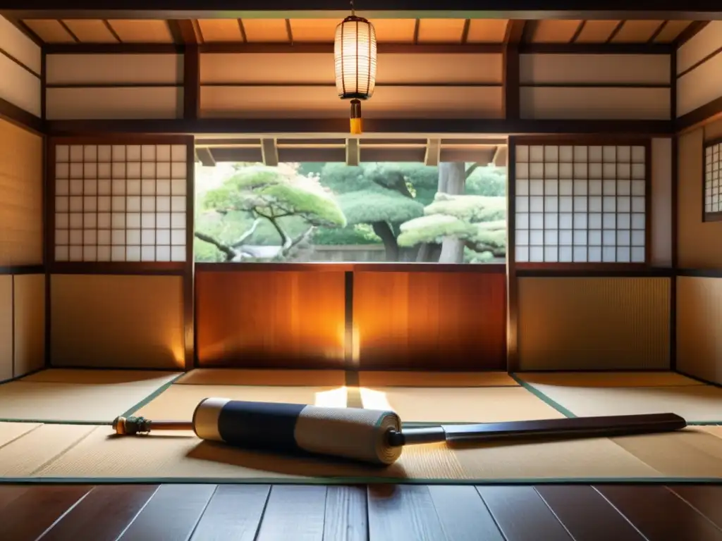 Un dojo japonés tradicional con wakizashis ordenados en un soporte de madera