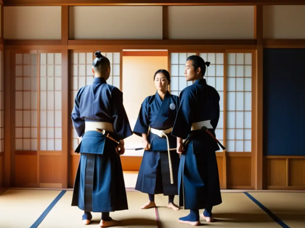 Un dojo de kendo con practicantes en keikogi blanco y hakama, observando atentamente al sensei mientras demuestra técnicas de respiración