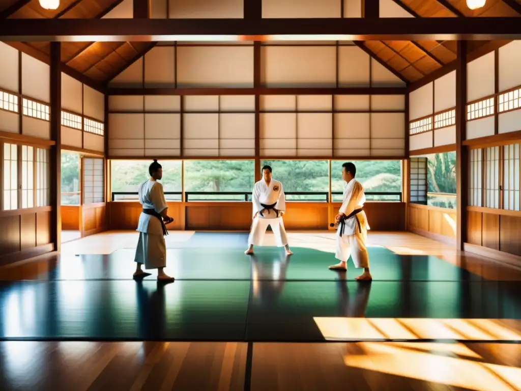 Un dojo moderno bañado en luz natural, con suelos de madera brillante y estudiantes practicando artes marciales bajo la mirada atenta de un sensei