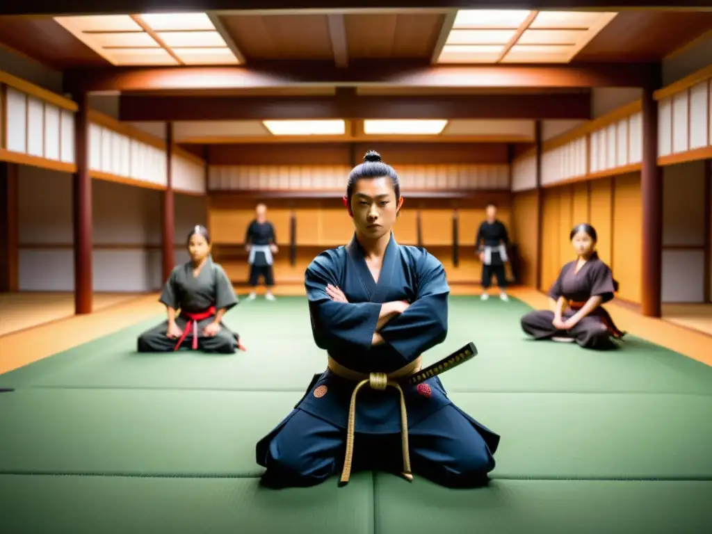 Un dojo moderno con elementos japoneses tradicionales, exhibiendo armaduras y armas samurái, junto a practicantes y un sensei