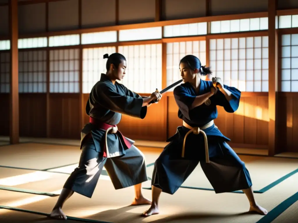 Un dojo moderno lleno de aprendices de samurái practicando técnicas de Kenjutsu con sables de madera