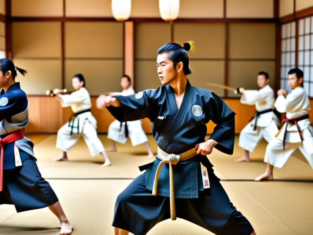 Un dojo moderno lleno de estudiantes practicando técnicas tradicionales de artes marciales samuráis bajo la guía de un experimentado sensei