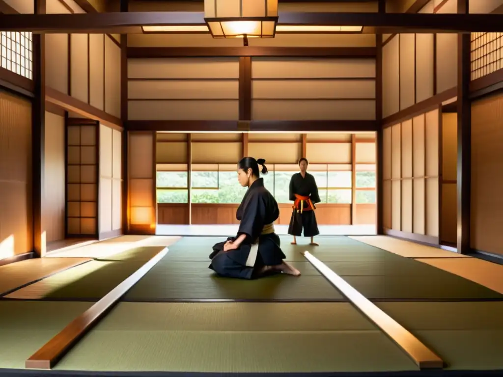 Un dojo samurái tradicional con estudiantes practicando técnicas de espada bajo la guía de su sensei