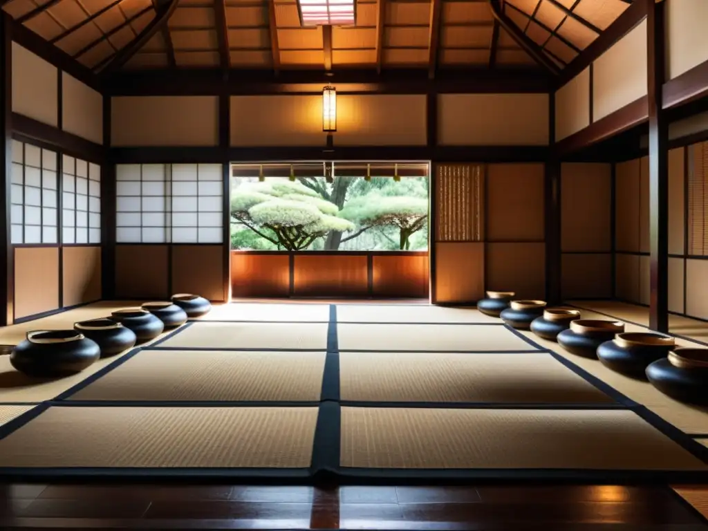 Un dojo samurái tradicional con guerreros practicando artes marciales y espada, evocando el intercambio de conocimientos militares samurái