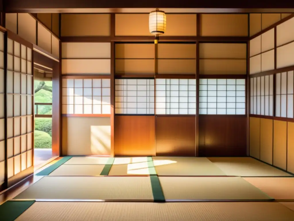 Un dojo samurái tradicional con puertas de papel deslizantes, maniquíes de entrenamiento de madera y pergaminos con caligrafía en las paredes