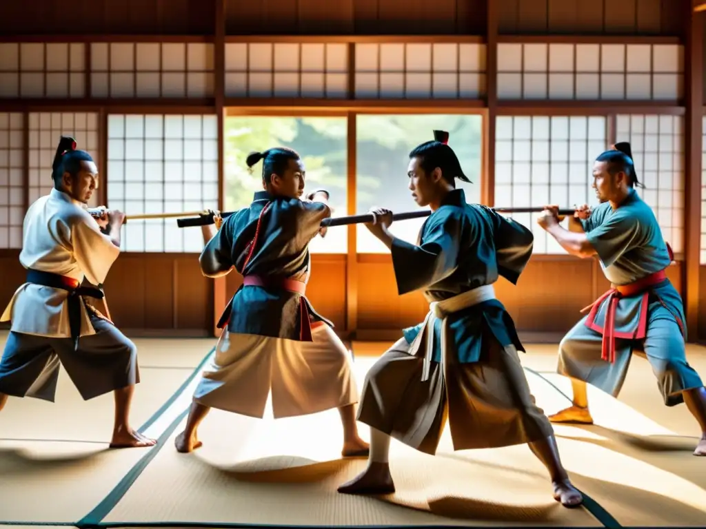 Un dojo samurái muestra la vida cotidiana de guerreros en intensa formación, con un maestro observando con sabiduría